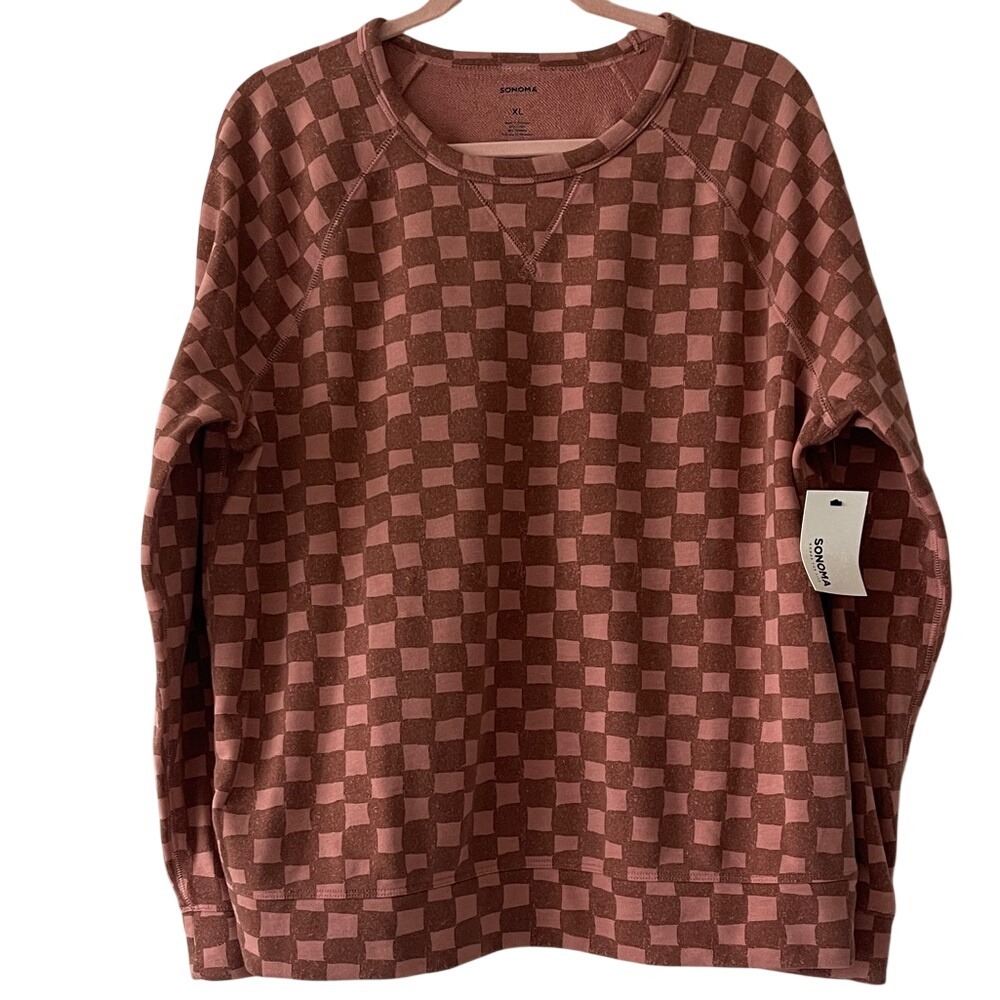 Sonoma Brown Mauve Check Everyday Sweatshirt XL NWT